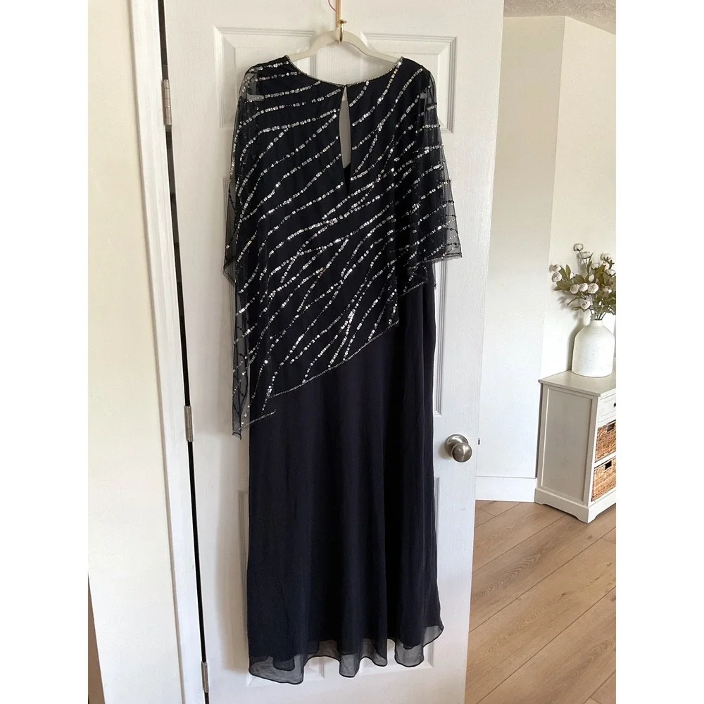 Adrianna‎ Papell Midnight Navy Sequin Beaded Popover Midi Dress 18W NWT